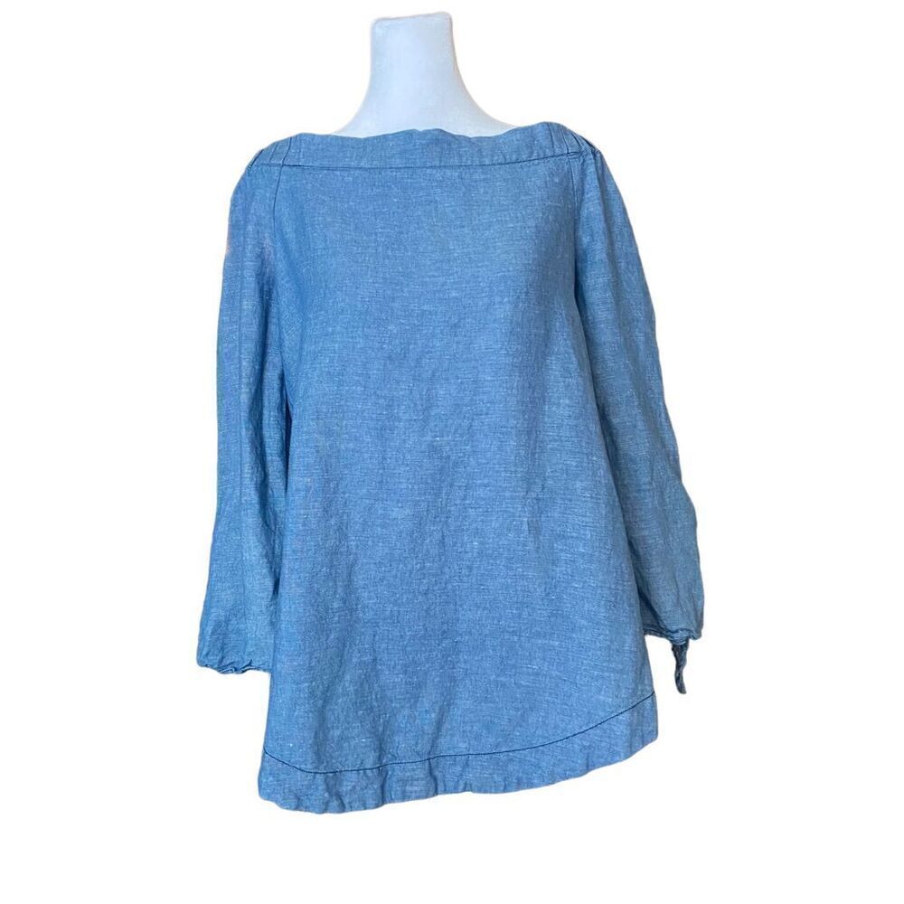 FREE PEOPLE Denim Off The Shoulder Long Sleeve Blouse in Blue Size Small